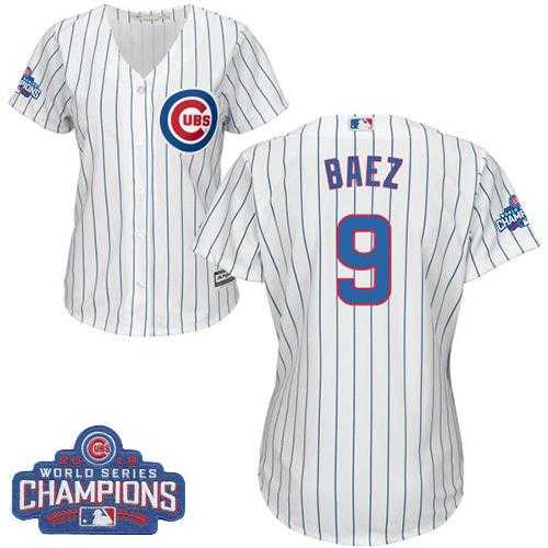Women's Chicago Cubs #9 Javier Baez White(Blue Strip) Home 2016 World Series Champions Stitched Baseball Jersey