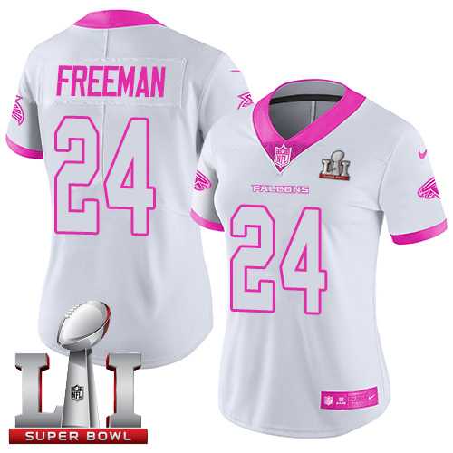 Women's Nike Atlanta Falcons #24 Devonta Freeman White Pink Super Bowl LI 51 Stitched NFL Limited Rush Fashion Jersey