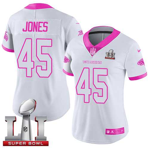 Women's Nike Atlanta Falcons #45 Deion Jones White Pink Super Bowl LI 51 Stitched NFL Limited Rush Fashion Jersey