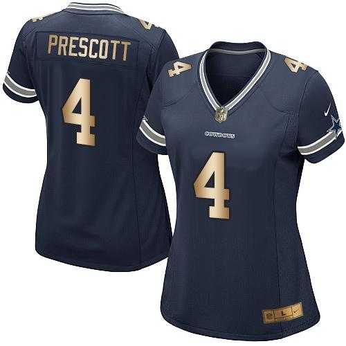 Women's Nike Dallas Cowboys #4 Dak Prescott Navy Blue Team Color Stitched NFL Elite Gold Jersey