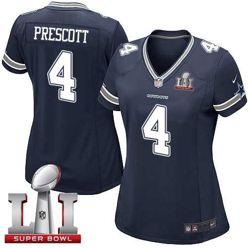 Women's Nike Dallas Cowboys #4 Dak Prescott Navy Blue Team Color Stitched NFL Super Bowl LI 51 Elite Jersey