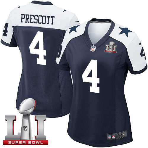 Women's Nike Dallas Cowboys #4 Dak Prescott Navy Blue Thanksgiving Throwback Stitched NFL Super Bowl LI 51 Elite Jersey