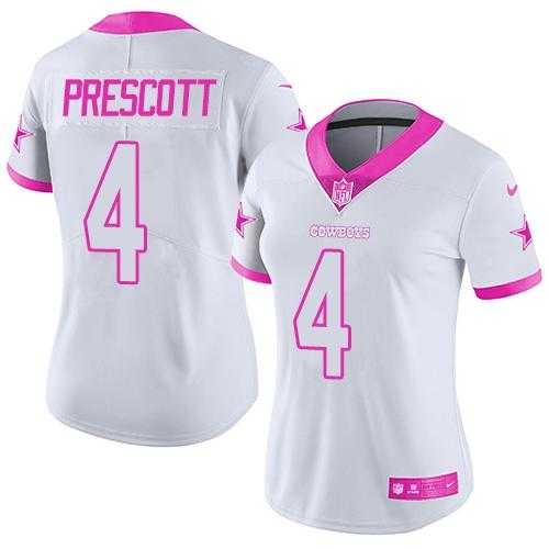 Women's Nike Dallas Cowboys #4 Dak Prescott White Pink Stitched NFL Limited Rush Fashion Jersey