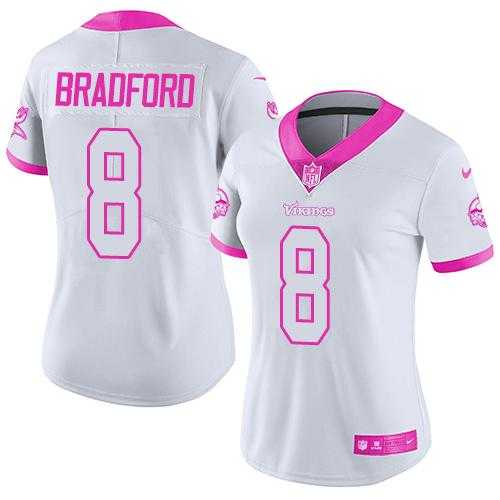 Women's Nike Minnesota Vikings #8 Sam Bradford White Pink Stitched NFL Limited Rush Fashion Jersey