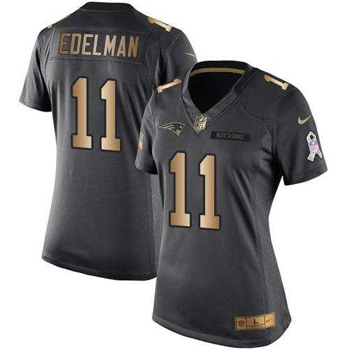 Women's Nike New England Patriots #11 Julian Edelman Black Stitched NFL Limited Gold Salute to Service Jersey