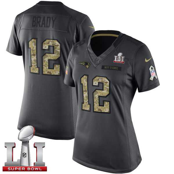 Women's Nike New England Patriots #12 Tom Brady Black Super Bowl LI 51 Stitched NFL Limited 2016 Salute to Service Jersey