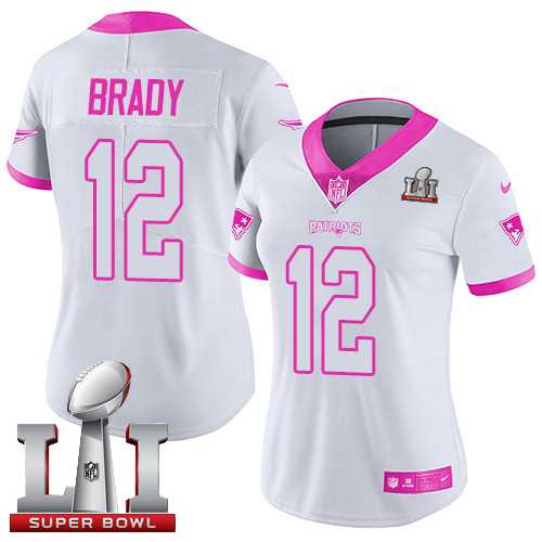 Women's Nike New England Patriots #12 Tom Brady White Pink Super Bowl LI 51 Stitched NFL Limited Rush Fashion Jersey