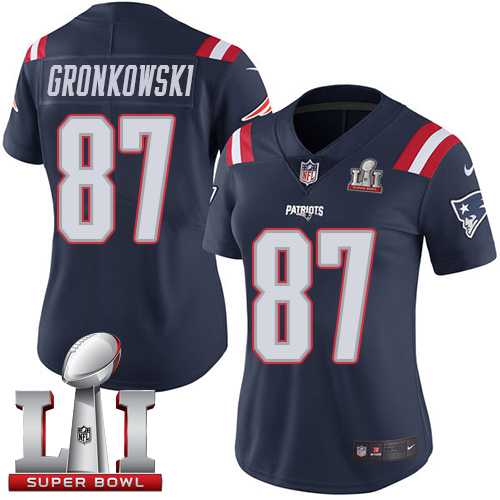Women's Nike New England Patriots #87 Rob Gronkowski Navy Blue Super Bowl LI 51 Stitched NFL Limited Rush Jersey