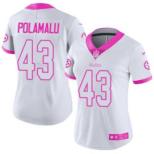 Women's Nike Pittsburgh Steelers #43 Troy Polamalu White Pink Stitched NFL Limited Rush Fashion Jersey
