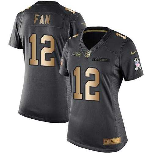 Women's Nike Seattle Seahawks #12 Fan Black Stitched NFL Limited Gold Salute to Service Jersey
