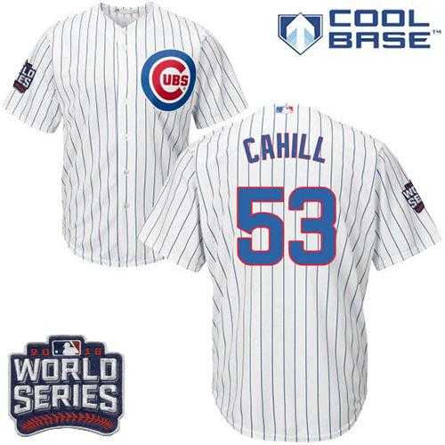 Youth Chicago Cubs #53 Trevor Cahill White Home 2016 World Series Bound Stitched Baseball Jersey