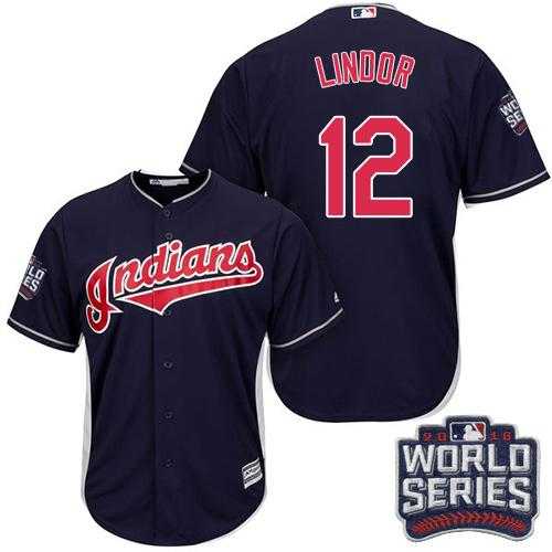 Youth Cleveland Indians #12 Francisco Lindor Navy Blue Alternate 2016 World Series Bound Stitched Baseball Jersey