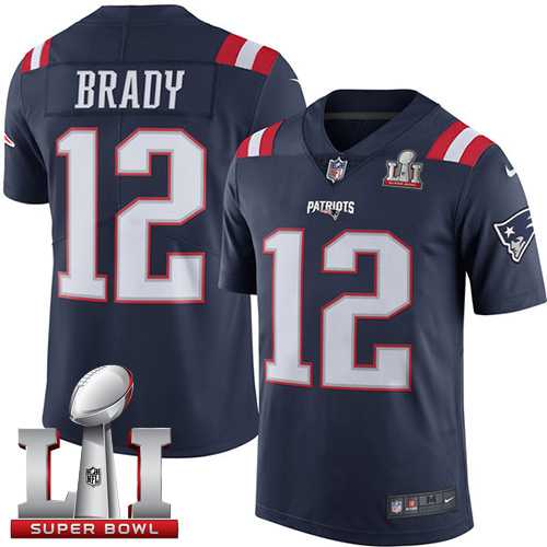 Youth Nike New England Patriots #12 Tom Brady Navy Blue Super Bowl LI 51 Stitched NFL Limited Rush Jersey