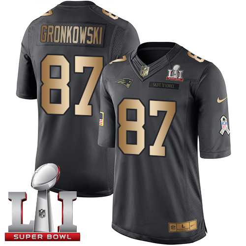 Youth Nike New England Patriots #87 Rob Gronkowski Black Super Bowl LI 51 Stitched NFL Limited Gold Salute to Service Jersey