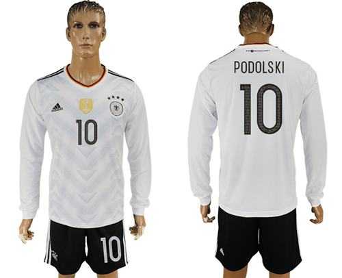 Germany #10 Podolski White Home Long Sleeves Soccer Country Jersey