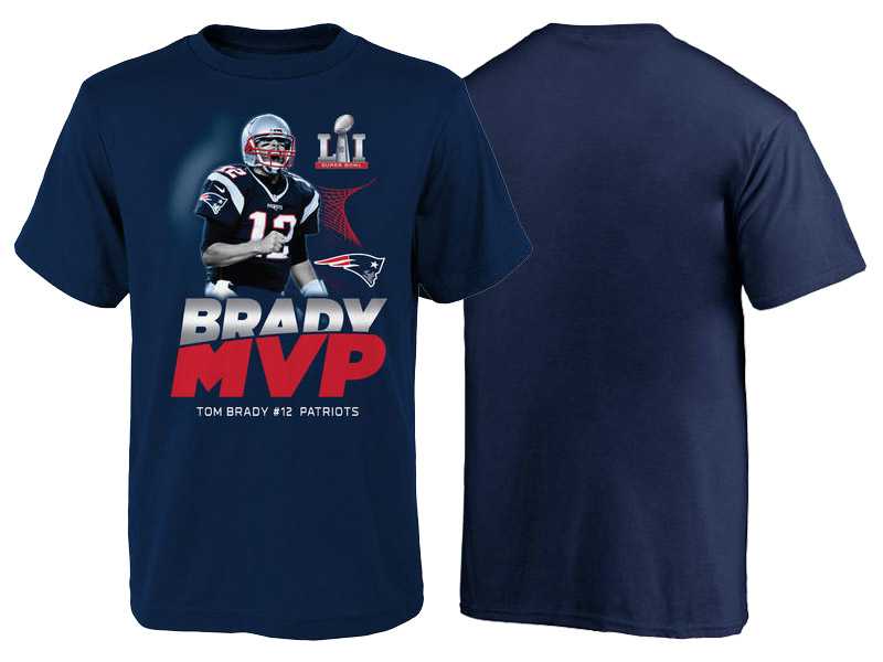 Youth Super Bowl LI Champions MVP New England Patriots Tom Brady Navy MVP Name & Number T-Shirt