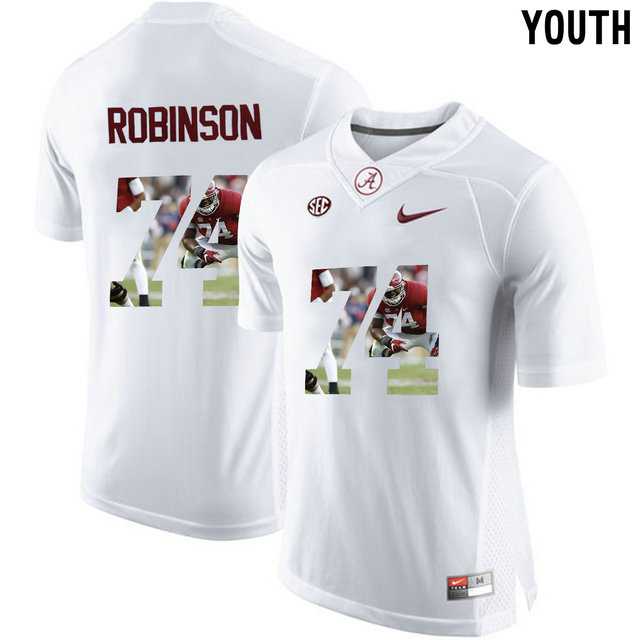 Alabama Crimson Tide #74 Cam Robinson White With Portrait Print Youth College Football Jersey
