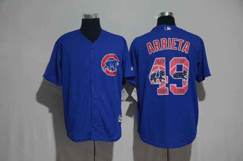 Chicago Cubs #49 Jake Arrieta Blue Team Logo Print Cool Base Stitched Baseball Jersey