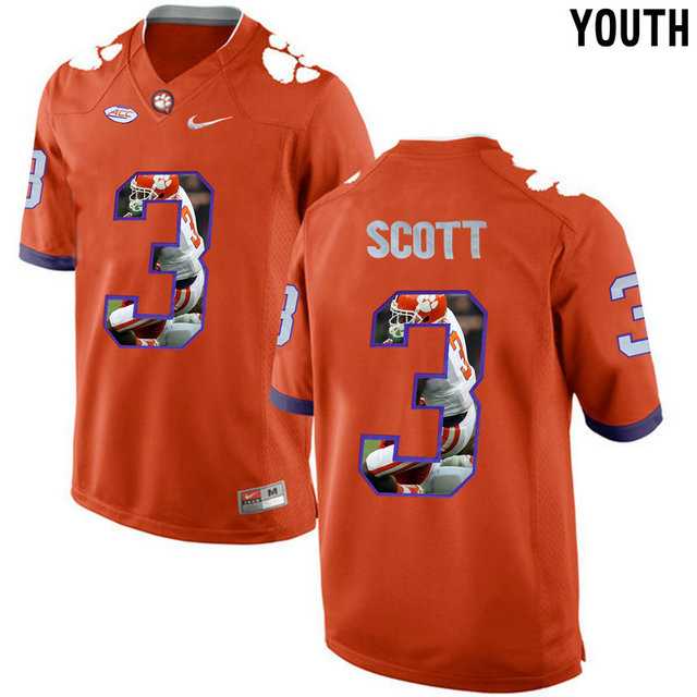 Clemson Tigers #3 Artavis Scott Orange With Portrait Print Youth College Football Jersey3