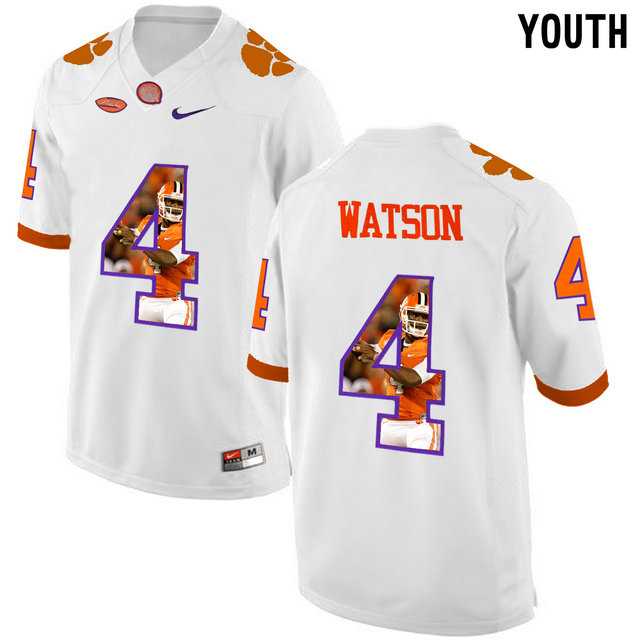Clemson Tigers #4 DeShaun Watson White With Portrait Print Youth College Football Jersey3