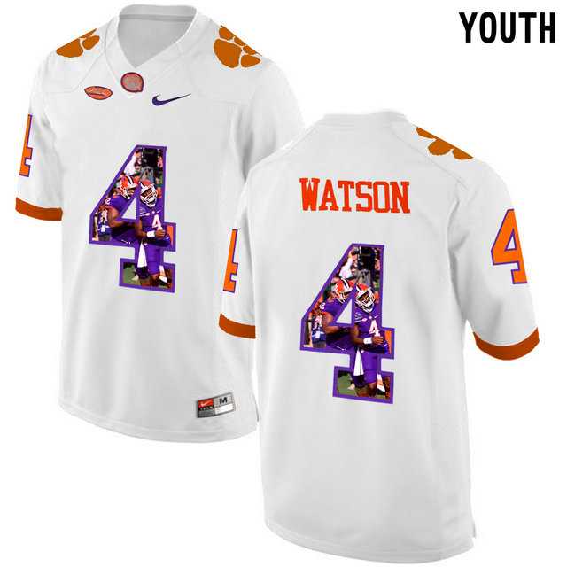 Clemson Tigers #4 DeShaun Watson White With Portrait Print Youth College Football Jersey7