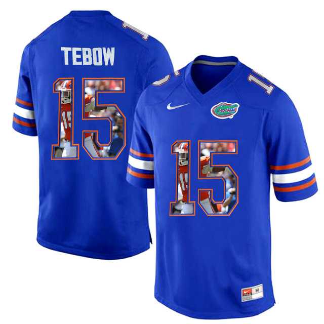 Florida Gators #15 Tim Tebow Blue With Portrait Print College Football Jersey2