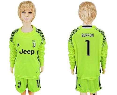 Juventus #1 Buffon Shiny Green Goalkeeper Long Sleeves Kid Soccer Club Jersey