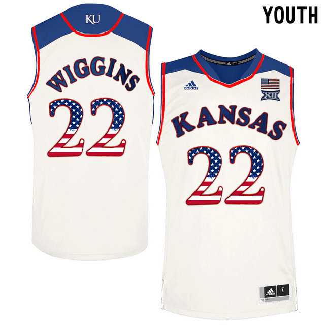 Kansas Jayhawks #22 Andrew Wiggins White USA Flag Youth College Basketball Jersey