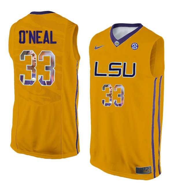 LSU Tigers #33 Shaquille O'Neal Gold With Portrait Print College Basketball Jersey