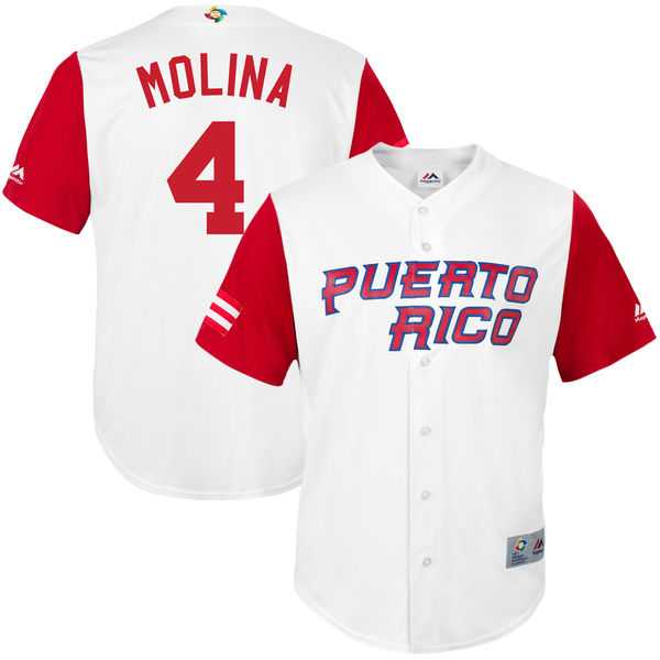 Men's Puerto Rico Baseball #4 Yadier Molina Majestic White 2017 World Baseball Classic Jersey