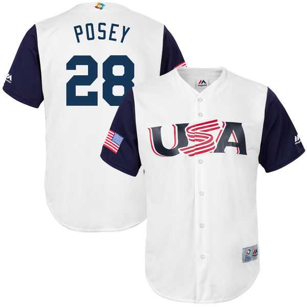 Men's USA Baseball #28 Buster Posey Majestic White 2017 World Baseball Classic Jersey