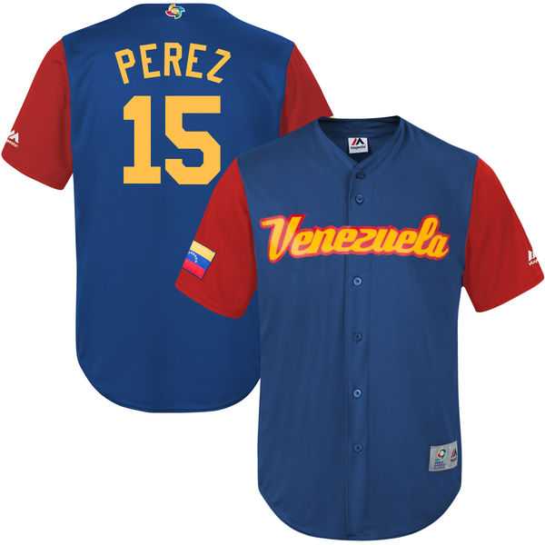 Men's Venezuela Baseball #15 Salvador Perez Majestic Royal 2017 World Baseball Classic Jersey