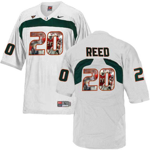 Miami Hurricanes #20 Ed Reed White With Portrait Print College Football Jersey