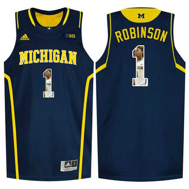 Michigan Wolverines #1 Glenn Robinson III Navy With Portrait Print College Basketball Jersey