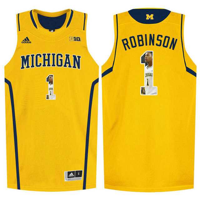Michigan Wolverines #1 Glenn Robinson III Yellow With Portrait Print College Basketball Jersey2