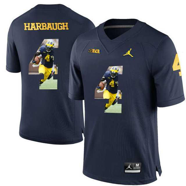 Michigan Wolverines #4 Jim Harbaugh Navy With Portrait Print College Football Jersey