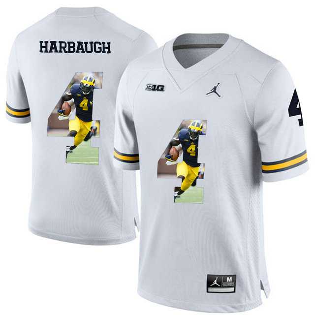 Michigan Wolverines #4 Jim Harbaugh White With Portrait Print College Football Jersey