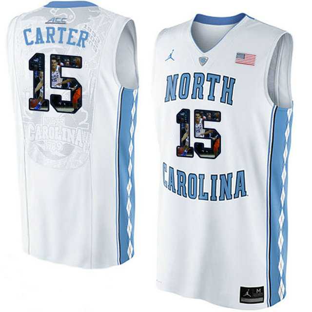 North Carolina Tar Heels #15 Vince Carter White With Portrait Print College Basketball Jersey