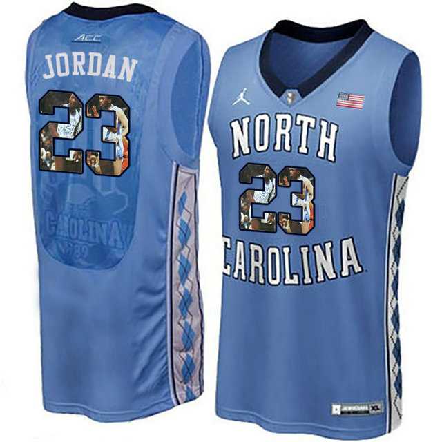 North Carolina Tar Heels #23 Michael Jordan Blue With Portrait Print College Basketball Jersey