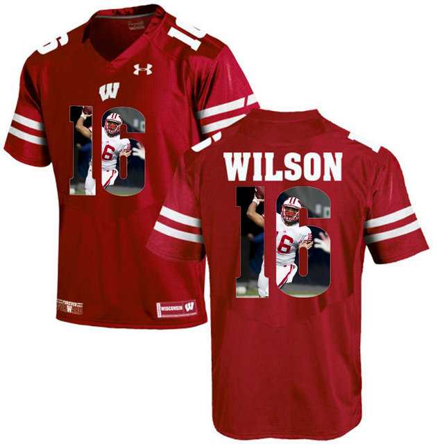 Wisconsin Badgers #16 Russell Wilson Red With Portrait Print College Football Jersey