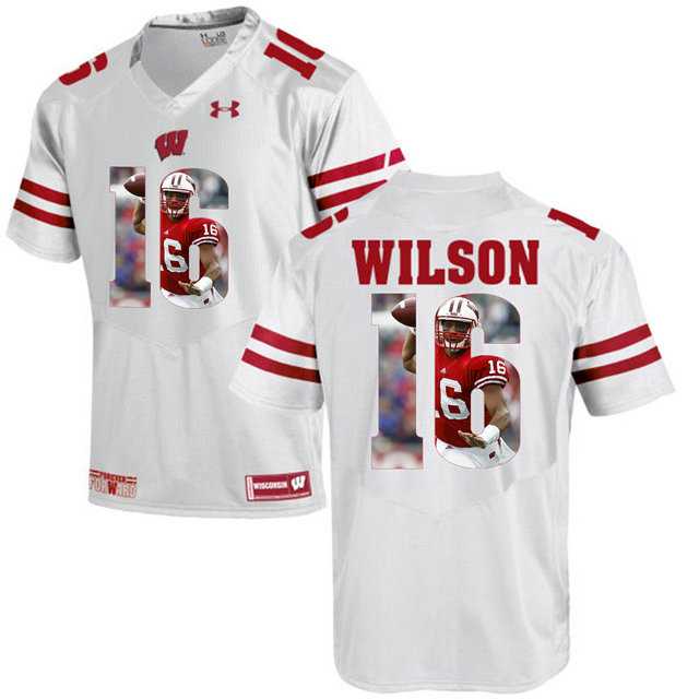 Wisconsin Badgers #16 Russell Wilson White With Portrait Print College Football Jersey