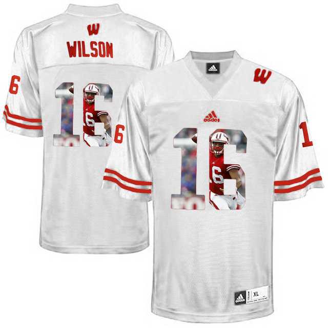 Wisconsin Badgers #16 Russell Wilson White With Portrait Print College Football Jersey2