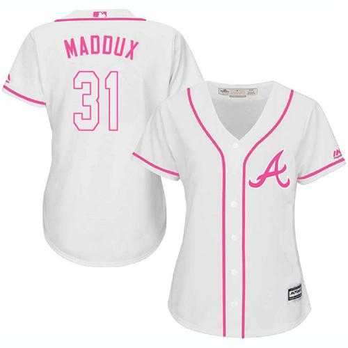 Women's Atlanta Braves #31 Greg Maddux White Pink Fashion Stitched MLB Jersey