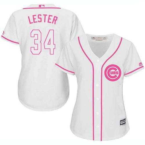 Women's Chicago Cubs #34 Jon Lester White Pink Fashion Stitched MLB Jersey