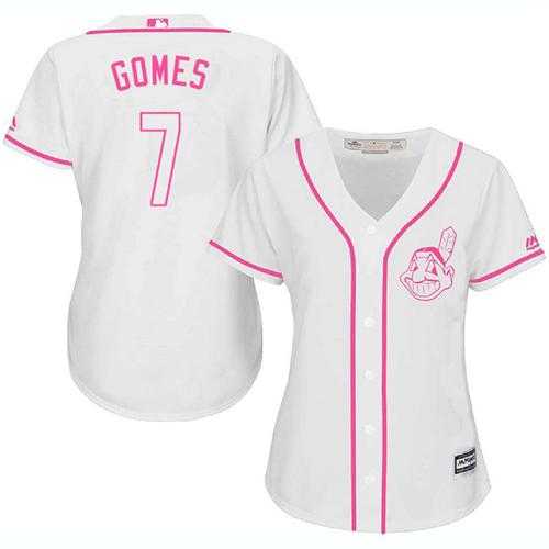 Women's Cleveland Indians #7 Yan Gomes White Pink Fashion Stitched MLB Jersey