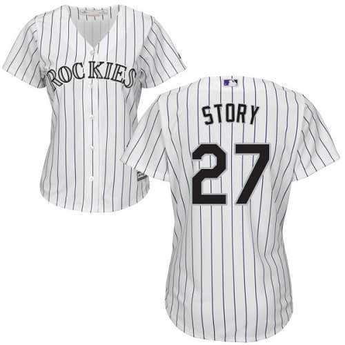 Women's Colorado Rockies #27 Trevor Story White Strip Home Stitched MLB Jersey