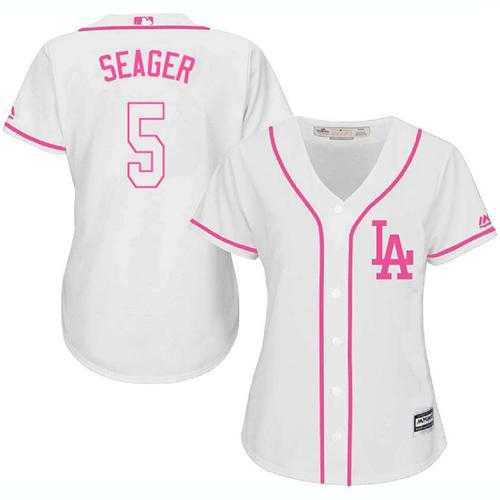 Women's Los Angeles Dodgers #5 Corey Seager White Pink Fashion Stitched MLB Jersey