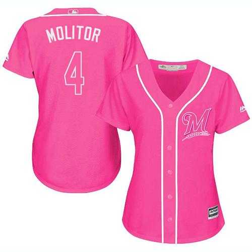 Women's Milwaukee Brewers #4 Paul Molitor Pink Fashion Stitched MLB Jersey