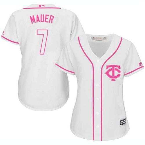 Women's Minnesota Twins #7 Joe Mauer White Pink Fashion Stitched MLB Jersey