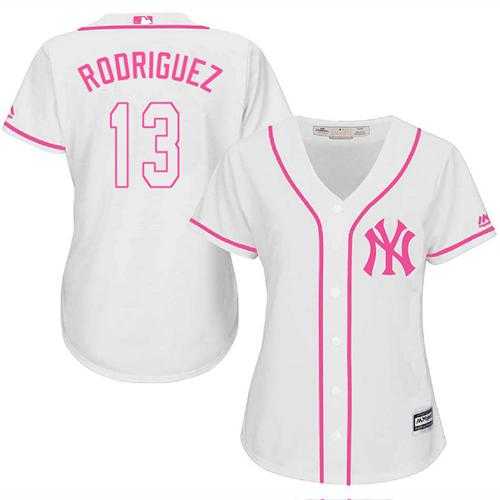 Women's New York Yankees #13 Alex Rodriguez White Pink Fashion Stitched MLB Jersey